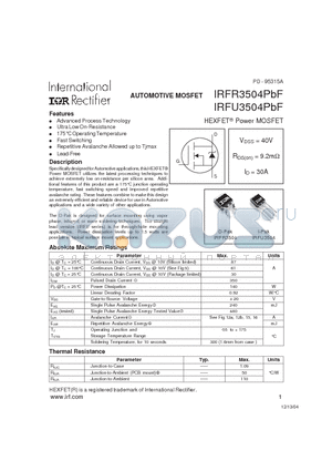 IRFR3504PBF datasheet - AUTOMOTIVE MOSFET