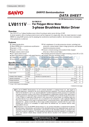 LV8111V datasheet - For Polygon Mirror Motor 3-phase Brushless Motor Driver