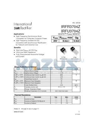IRFR3704Z datasheet - HEXFET Power MOSFET