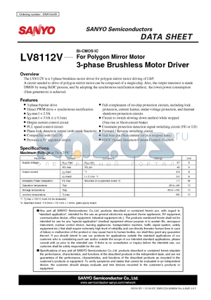 LV8112V_1002 datasheet - For Polygon Mirror Motor 3-phase Brushless Motor Driver
