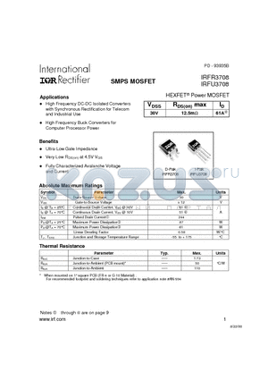 IRFR3708 datasheet - Power MOSFET(Vdss=30V, Rds(on)max=12.5mohm, Id=61A)
