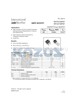 IRFR3708PBF datasheet - HEXFET^Power MOSFET