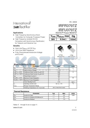 IRFR3707Z datasheet - HEXFET Power MOSFET