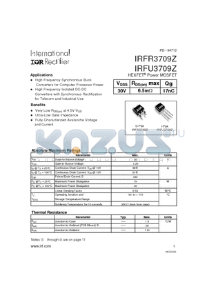 IRFR3709Z datasheet - HEXFET Power MOSFET