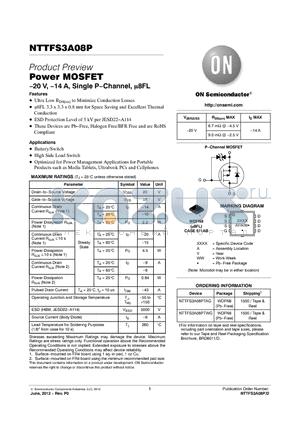 NTTFS3A08PTWG datasheet - Power MOSFET .20 V, .14 A, Single P.Channel, 8FL