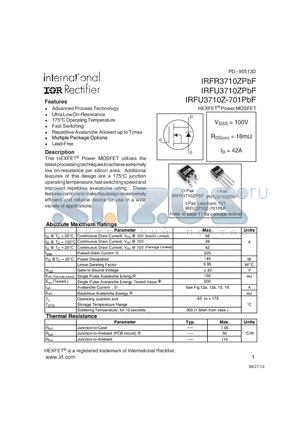 IRFR3710ZTRLPBF datasheet - HEXFET^ Power MOSFET