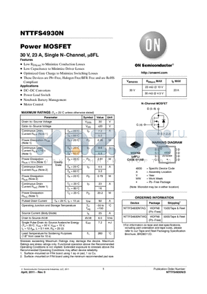 NTTFS4930NTWG datasheet - Power MOSFET 30 V, 23 A, Single NChannel, 8FL Notebook Battery Management