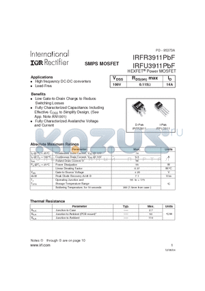 IRFR3911PBF datasheet - SMPS MOSFET