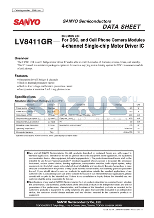 LV8411GR datasheet - Bi-CMOS LSI For DSC, and Cell Phone Camera Modules 4-channel Single-chip Motor Driver IC