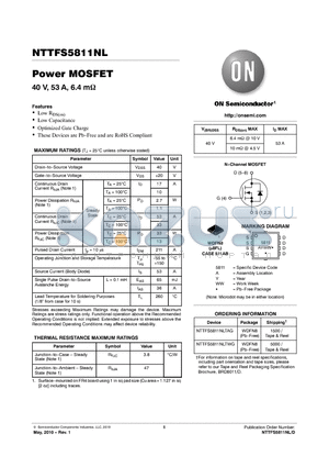 NTTFS5811NLTAG datasheet - Power MOSFET 40 V, 53 A, 6.4 mY