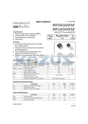 IRFR430APBF datasheet - HEXFET Power MOSFET