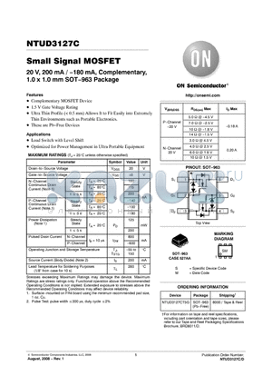 NTUD3127C datasheet - Small Signal MOSFET 20 V, 200 mA / −180 mA, Complementary, 1.0 x 1.0 mm SOT−963 Package