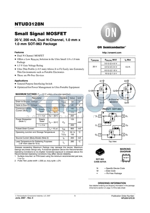 NTUD3128N datasheet - Small Signal MOSFET 20 V, 200 mA, Dual N-Channel, 1.0 mm x 1.0 mm SOT-963 Package