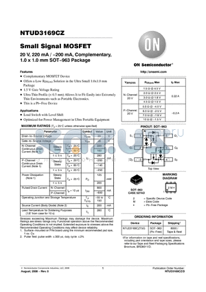 NTUD3169CZT5G datasheet - Small Signal MOSFET 20 V, 220 mA / −200 mA, Complementary, 1.0 x 1.0 mm SOT−963 Package