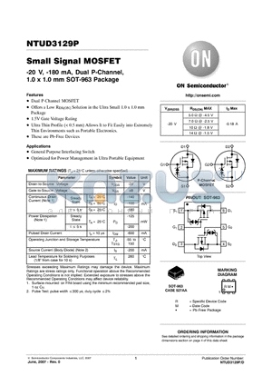 NTUD3129PT5G datasheet - Small Signal MOSFET -20 V, -180 mA, Dual P-Channel, 1.0 x 1.0 mm SOT-963 Package