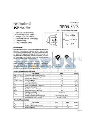 IRFR5305 datasheet - Power MOSFET(Vdss=-55V, Rds(on)=0.065ohm, Id=-31A)