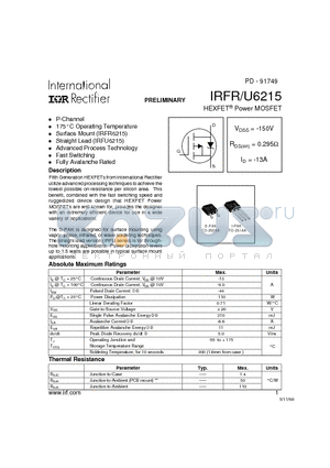 IRFR6215 datasheet - Power MOSFET(Vdss=-150V, Rds(on)=0.295ohm, Id=-13A)