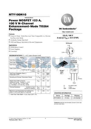 NTY100N10 datasheet - Power MOSFET 123 A, 100 V N-Channel Enhancement-Mode TO264 Package
