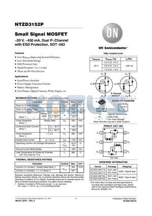 NTZD3152P datasheet - Small Signal MOSFET −20 V, −430 mA, Dual P−Channel with ESD Protection, SOT−563