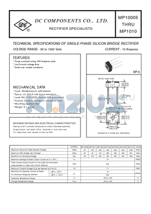 MP1001 datasheet - TECHNICAL SPECIFICATIONS OF SINGLE-PHASE SILICON BRIDGE RECTIFIER VOLTAGE RANGE - 50 to 1000 Volts