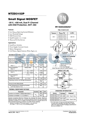 NTZD3152PT5G datasheet - Small Signal MOSFET −20 V, −430 mA, Dual P−Channel with ESD Protection, SOT−563