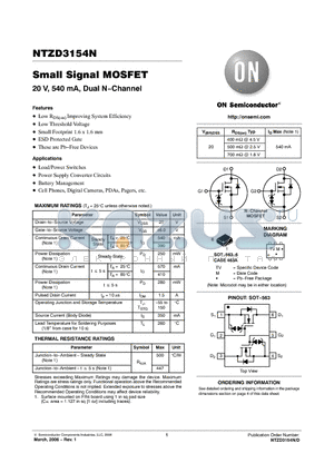 NTZD3154NT1G datasheet - Small Signal MOSFET 20 V, 540 mA, Dual N−Channel