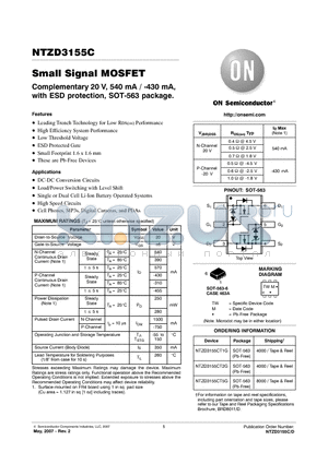 NTZD3155CT2G datasheet - Small Signal MOSFET Complementary 20 V, 540 mA / -430 mA, with ESD protection, SOT-563 package.