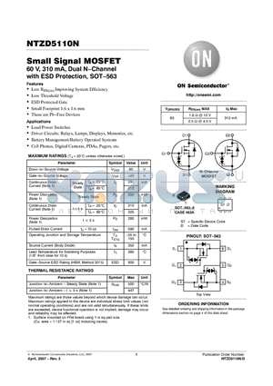 NTZD5110NT1 datasheet - 60 V, 310 mA, Dual N−Channel with ESD Protection, SOT−563