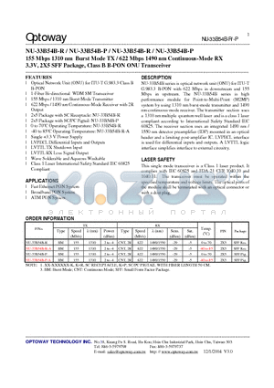 NU-33B54B-K datasheet - 155 Mbps 1310 nm Burst Mode TX / 622 Mbps 1490 nm Continuous-Mode RX 3.3V, 2X5 SFF Package