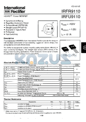 IRFR9110TRL datasheet - Power MOSFET(Vdss=-100V, Rds(on)=1.2ohm, Id=-3.1A)