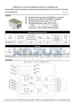 NU1S041A-434 datasheet - SINGLE RJ45 CONNECTOR MODULE WITH INTEGRATED 10/100 BASE-TX MAGNETICS AND LEDS
