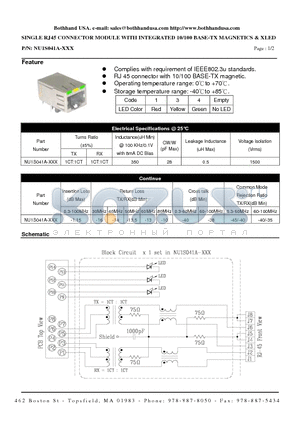 NU1S041A-XXX datasheet - SINGLE RJ45 CONNECTOR MODULE WITH INTEGRATED 10/100 BASE-TX MAGNETICS & XLED