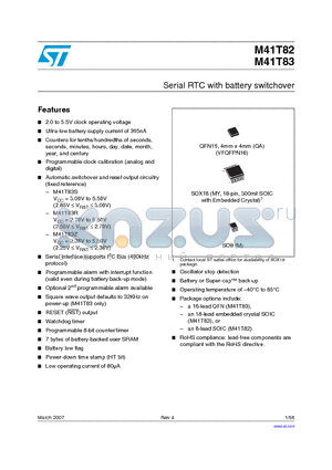 M41T82 datasheet - Serial RTC with battery switchover