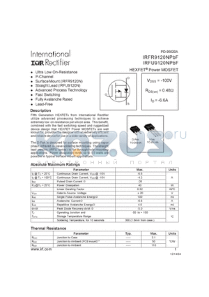 IRFR9120NPBF datasheet - HEXFET Power MOSFET ( VDSS = -100V , RDS(on) = 0.48Y , ID = -6.6A )