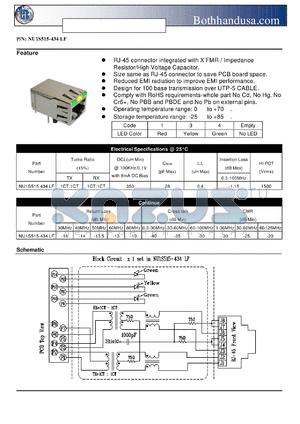 NU1S515-434LF datasheet - SINGLE RJ45 CONNECTOR WITH 10/100 BASE-TX MAGNETICS AND LEDS
