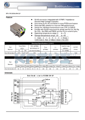NU1S516-304LF datasheet - SINGLE RJ45 CONNECTOR WITH 10/100 BASE-TX MAGNETICS AND LEDS