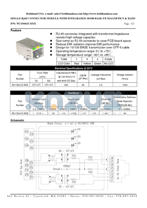 NU1S041E-XXX datasheet - SINGLE RJ45 CONNECTOR MODULE WITH INTEGRATED 10/100 BASE-TX MAGNETICS & XLED