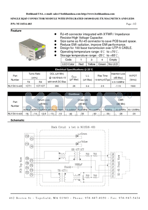 NU1S516-403 datasheet - SINGLE RJ45 CONNECTOR MODULE WITH INTEGRATED 10/100 BASE-TX MAGNETICS AND LEDS