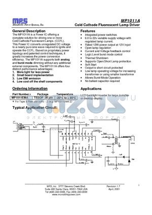 MP1011A datasheet - Cold Cathode Fluorescent Lamp Driver