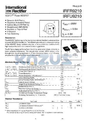 IRFR9210 datasheet - Power MOSFET(Vdss=-200V, Rds(on)=3.0ohm, Id=-1.9A)