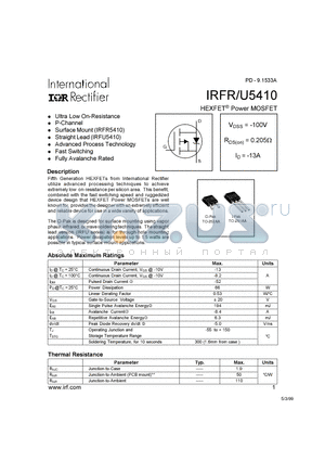 IRFRU5410 datasheet - Power MOSFET(Vdss=-100V, Rds(on)=0.205ohm, Id=-13A)