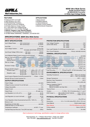 MDW datasheet - Single and Dual Output 20 Watt DC/DC Converter 4:1 Wide Input Voltage Range