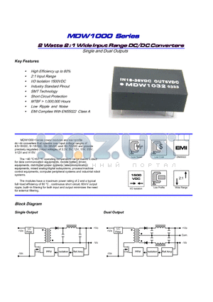 MDW1014 datasheet - 2 Watts 2 :1 Wide Input Range DC/DC Converters Single and Dual Outputs