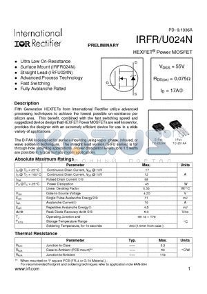 IRFRU024N datasheet - Power MOSFET(Vdss=55V, Rds(on)=0.075ohm, Id=17A)