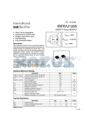 IRFRU1205 datasheet - Power MOSFET(Vdss=55V, Rds(on)=0.027ohm, Id=44A)