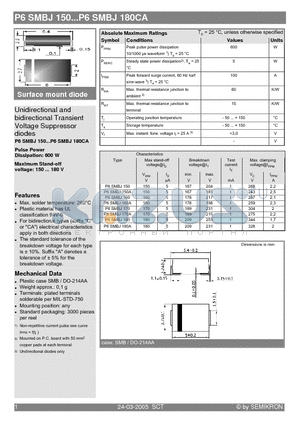 P6SMBJ150 datasheet - Unidirectional and bidirectional Transient Voltage Suppressor diodes