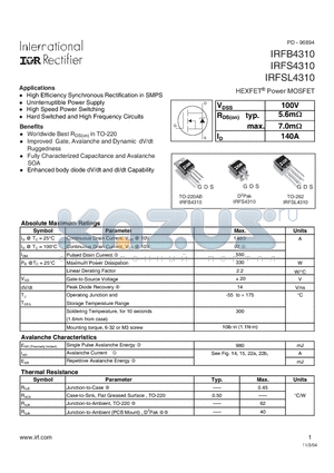 IRFS4310 datasheet - HEXFET Power MOSFET
