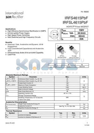 IRFS4615PBF datasheet - HEXFET Power MOSFET