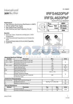 IRFS4620PBF datasheet - HEXFET Power MOSFET