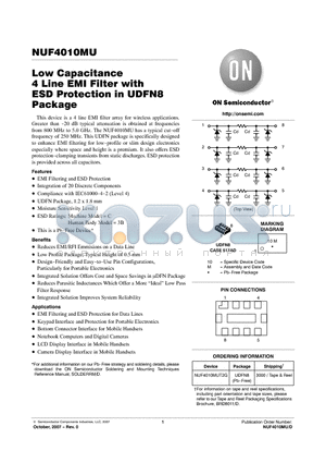 NUF4010MU datasheet - Low Capacitance 4 Line EMI Filter with ESD Protection in UDFN8 Package